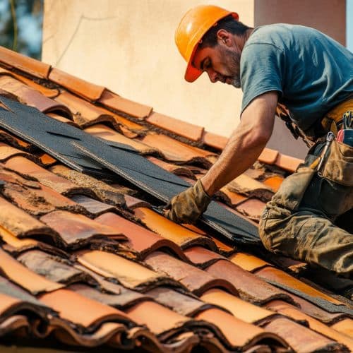 Reparación de un tejado en Santiago de Compostela por J. Piñeiro